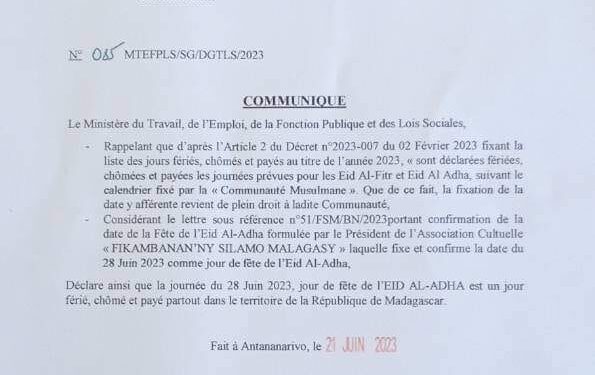 EID AL ADHA – La journée du mercredi 28 Juin décrétée chômée et payée