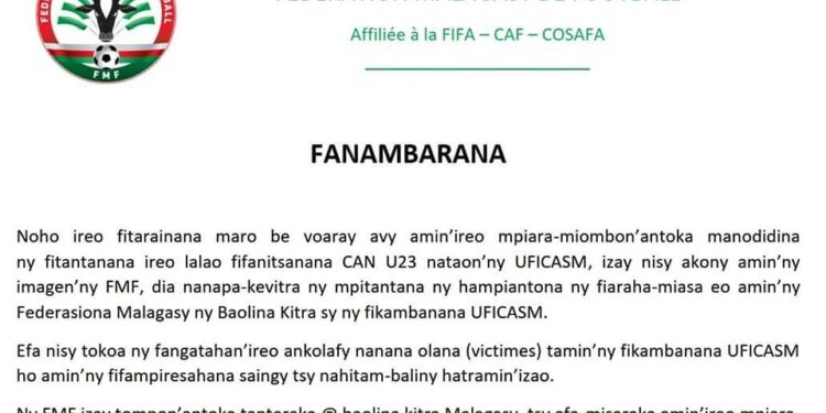 FOOTBALL – La Fédération malgache de football décide de suspendre la collaboration avec l’UFICASM pour les Barea U23