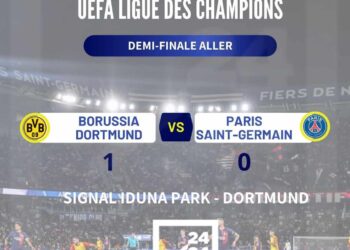 FOOTBALL – Le Borussia Dortmund bat 1 à 0 le PSG en match aller des demi-finales de la Ligue des champions européenne