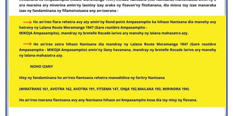 ANTANANARIVO – La commune annonce une réorganisation de la circulation à Ampasampito ce vendredi
